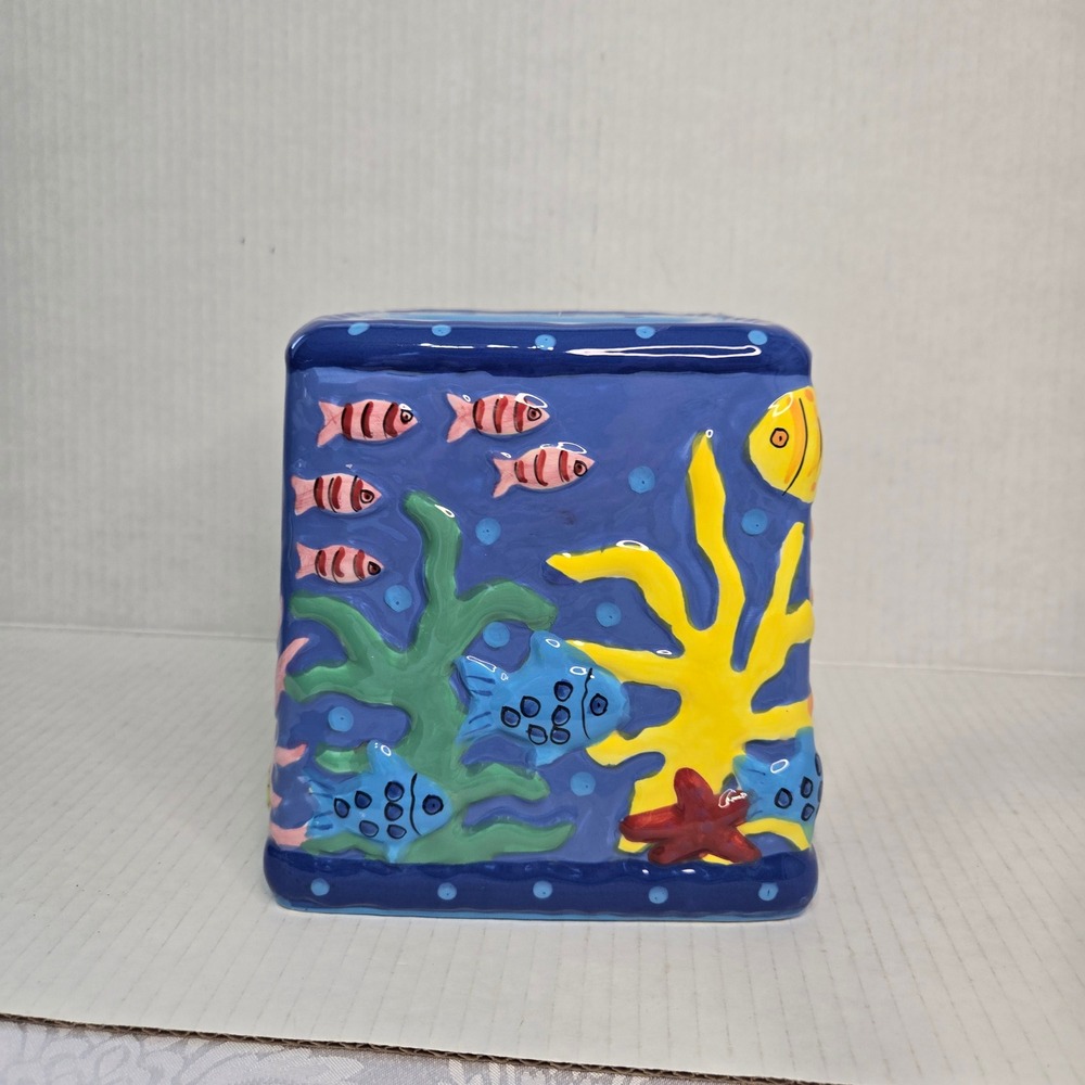 Cathie Raney Ceramic Tissue Box Cover 3D Tropical Fish Ocean Coral Reef Blue